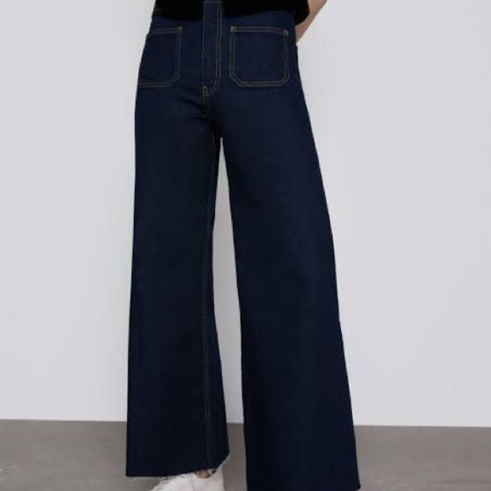 Zara The Patch Pockets Marine Straight Denim Jeans